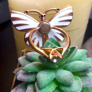 - #163 🤍Cell Phone Ring Stand Holder Grip White Striped Bling Butterfly🤍🦋